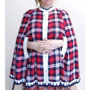 Vintage 60s Red White Blue Plaid Button up Houndstooth Sweater Poncho Cape 1 Sz